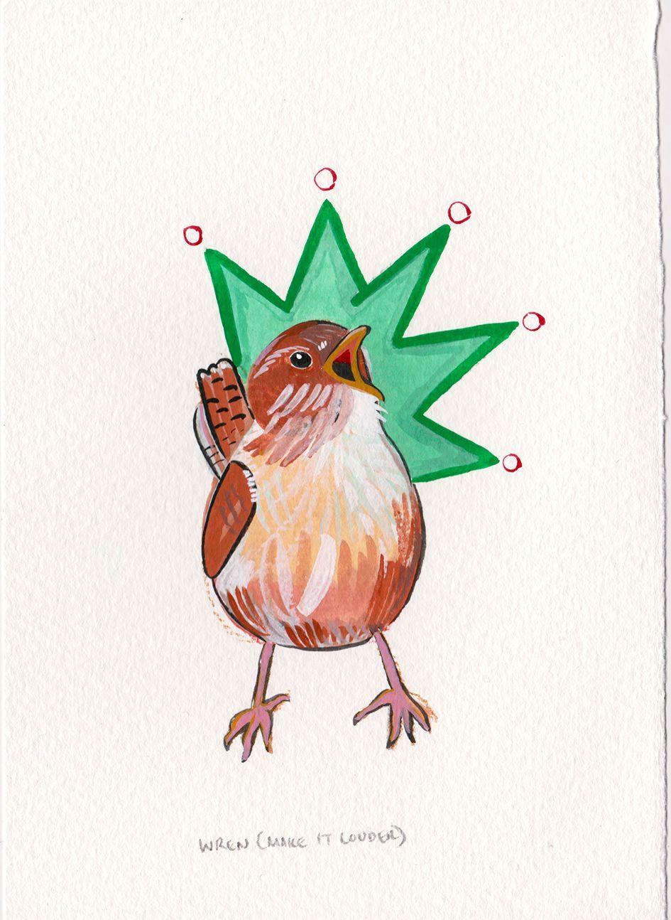 A wren facing forward singing loudly with a green flash and red circles around the birds head and mouth