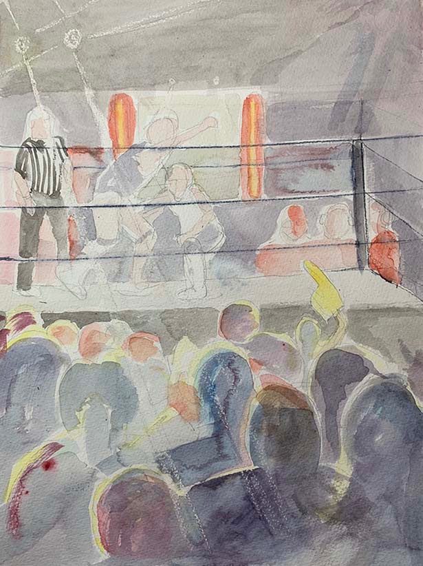watercolour, wrestlers, audience, crowd, lighting, fight, panto
