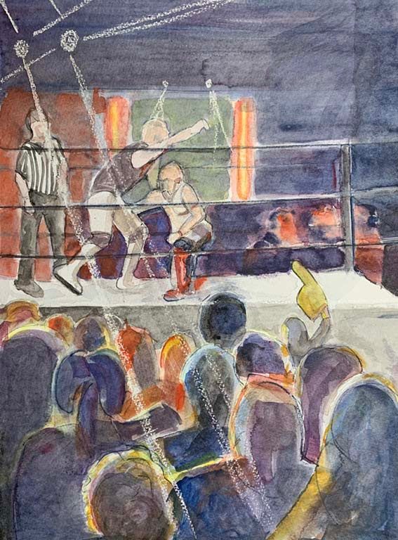 watercolour and wax crayon. painting of wrestling ring and audience
