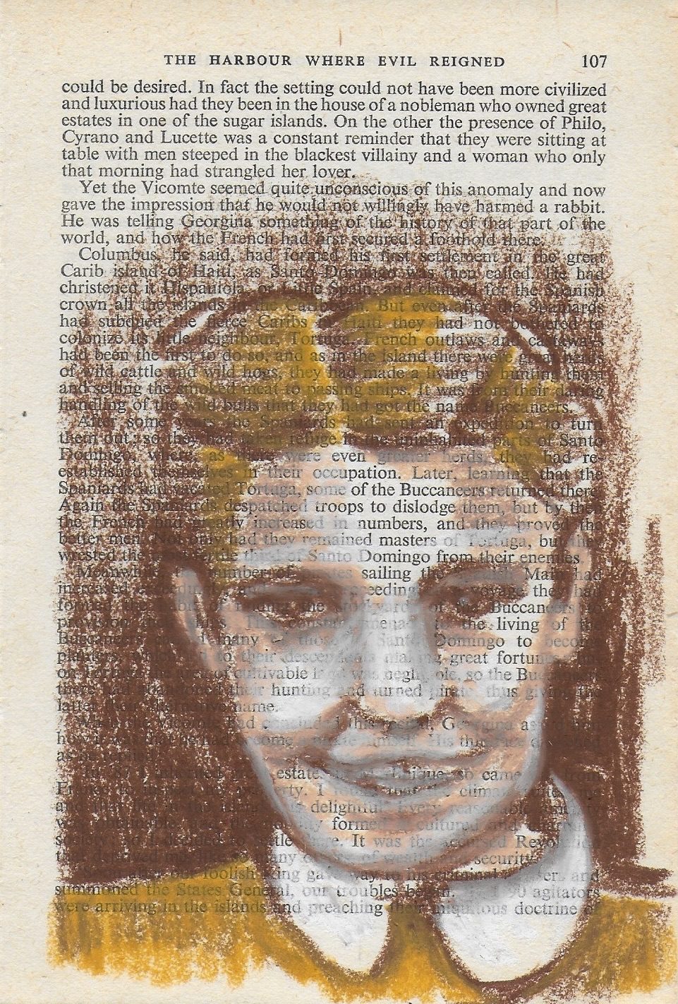 Oil pastel drawing in shades of brown of my cousin on vintage book page
