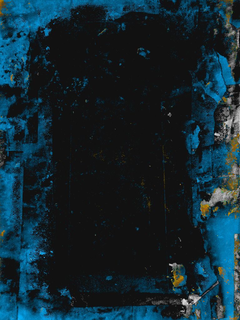 heavily textured and grainy rectangle in black, blue and orange roughly appearing as a doorway. using soap, paper and paint, digitally collaged