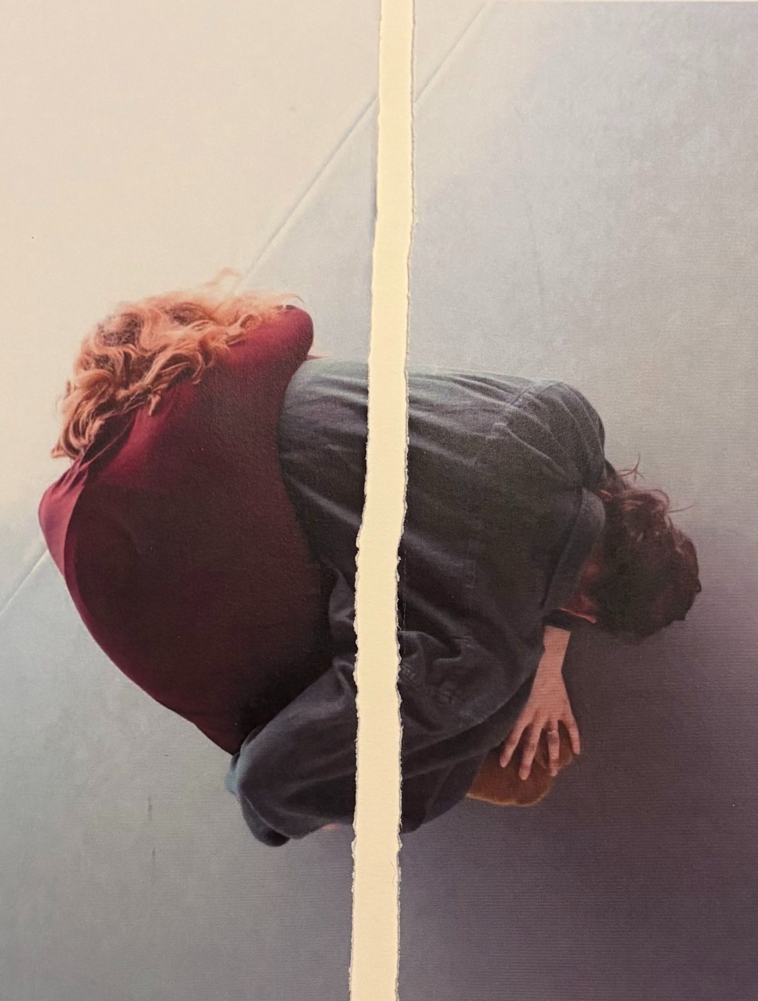 Image from 2013, a beginning workshopping on my shared praxis with Dr Glenna Batson of 'the f/old as somaticartistic practice' (originally called 'human origami'). Dancers Clémentine Télesfort and Belinda Papavasiliou entangled in an improvisational folding. The image here is torn, ripped, wronging/breaking the essence of the fold.