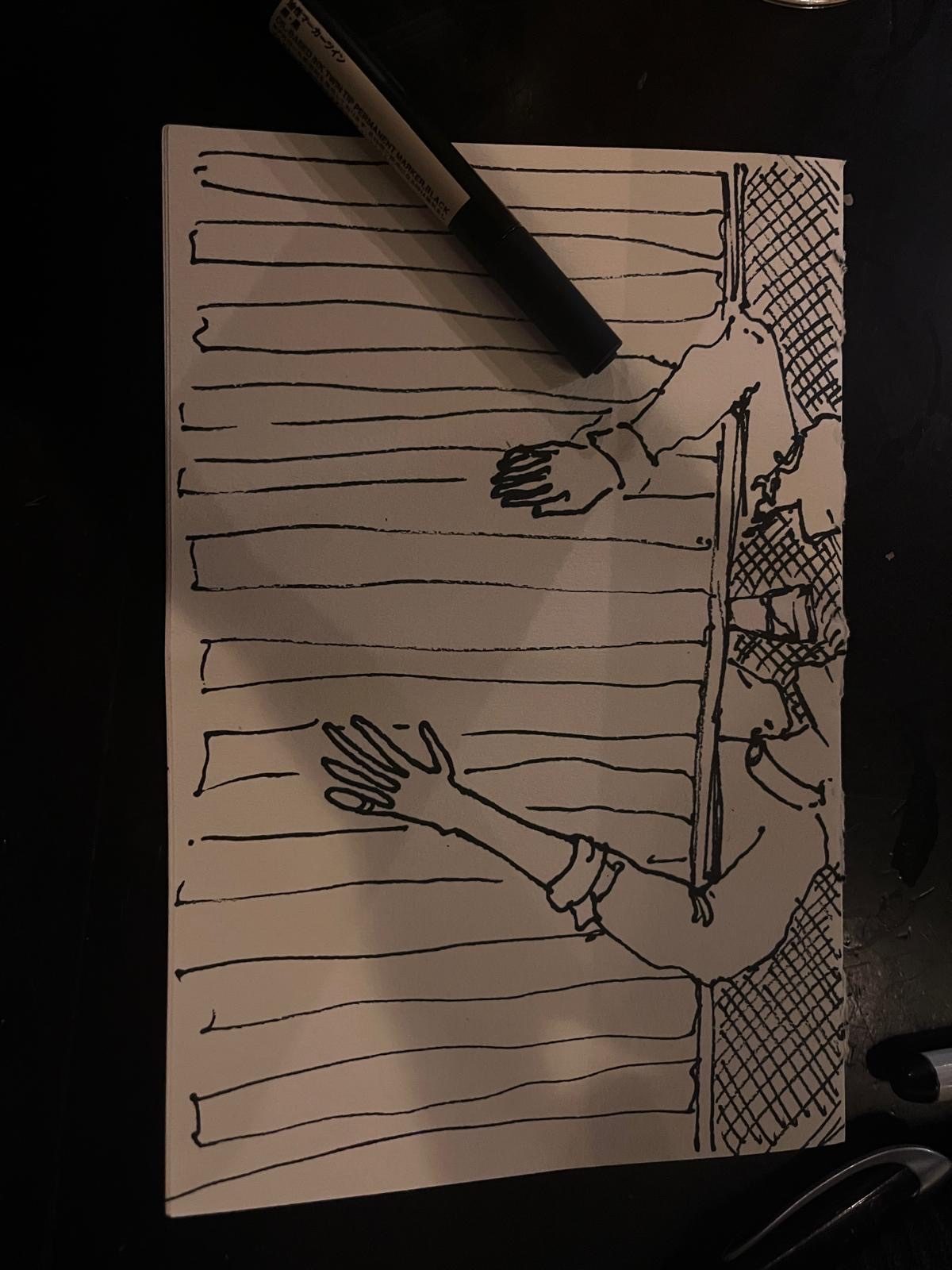 Sketch of two colleagues, clinging on during after work pints seen over a bar in a commuter area pub