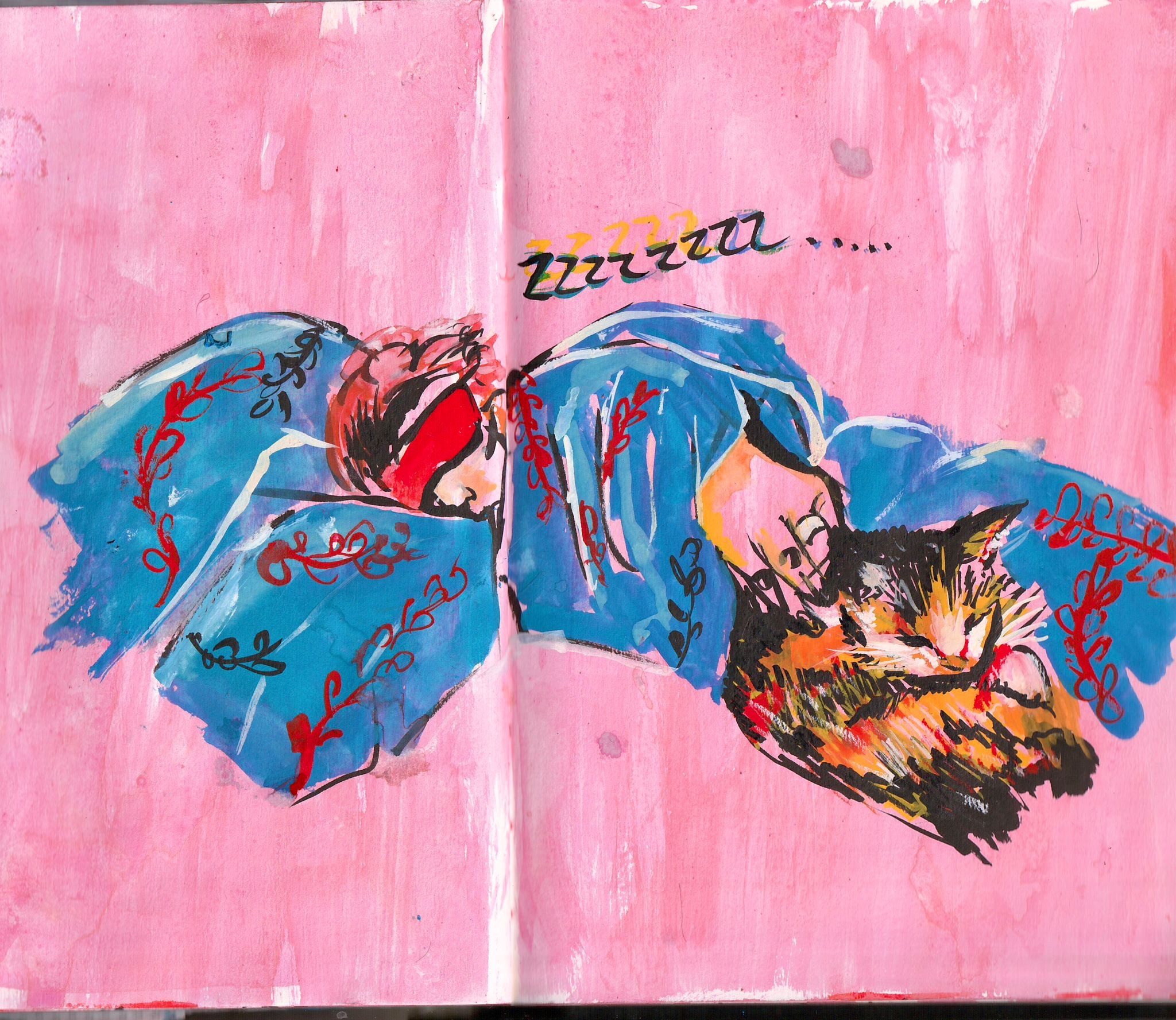 a gouache painting of someone sleeping with a bright red mask. they are reaching out from the blue quilt to stroke a calico cat called anarchy! its a very cosy scene.