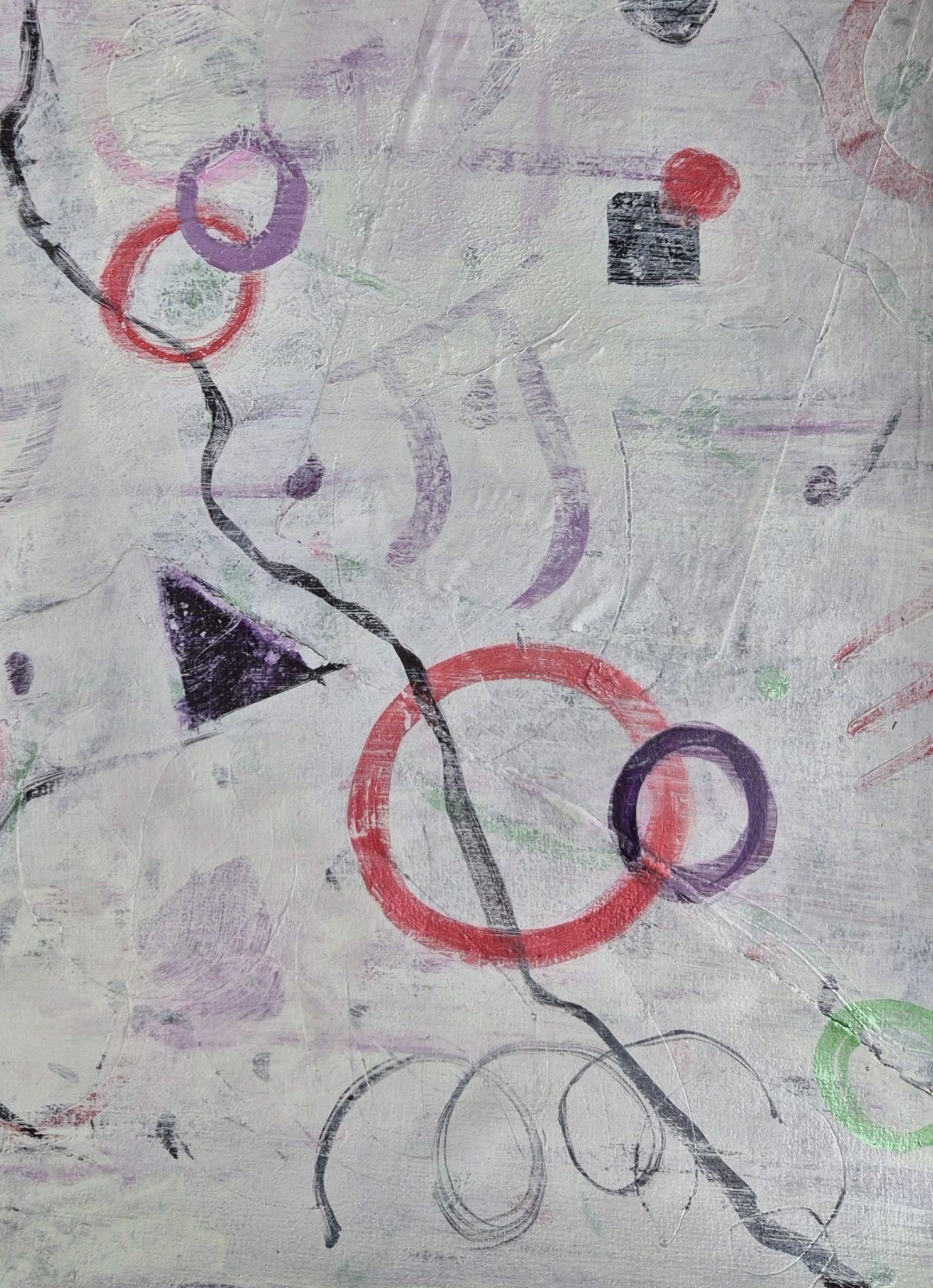 It reflects the layered whites, scratched textures, and floating rings — like memories and moments partially revealed, partially buried.