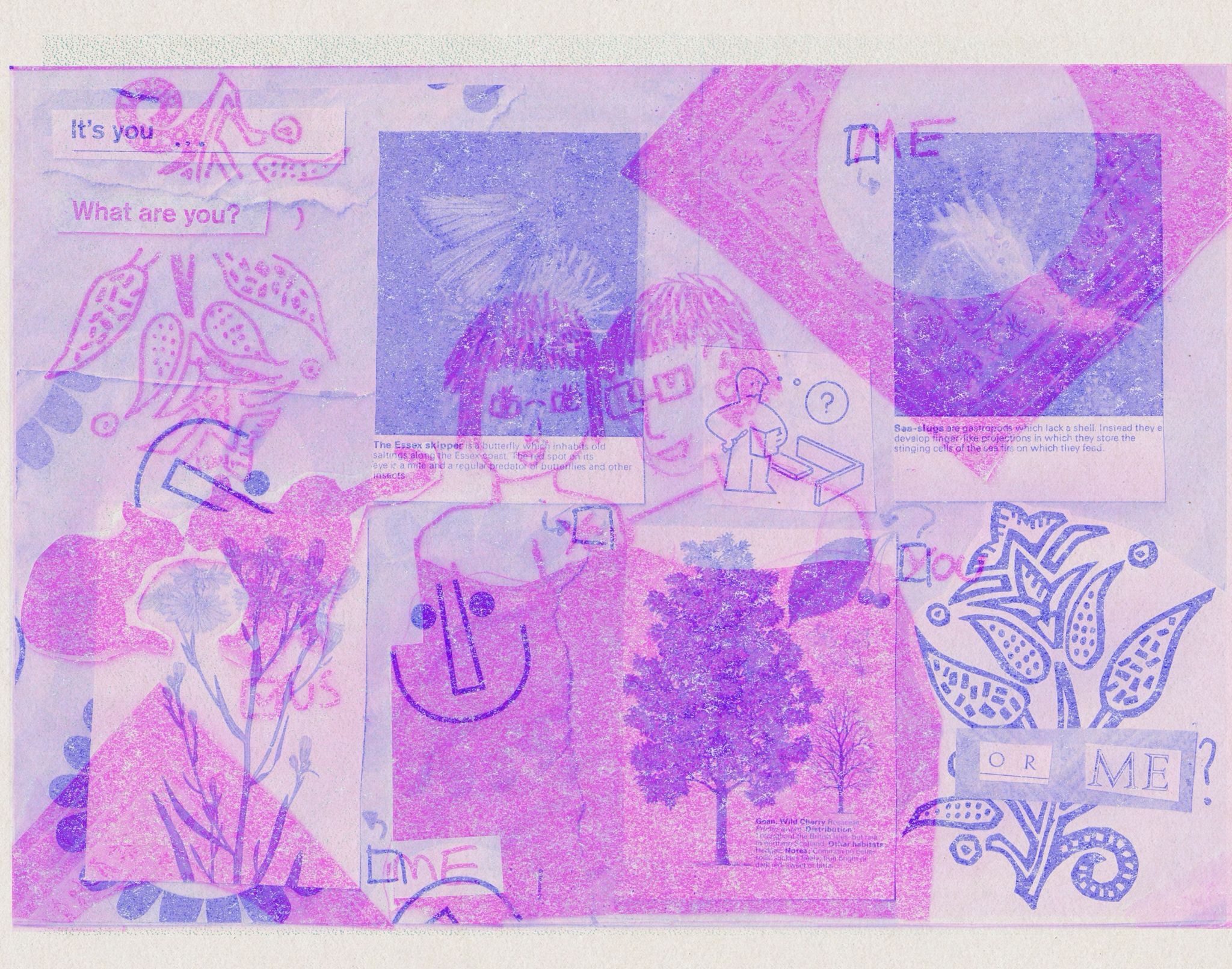 digital riso of two collages layered together, you cant quite make out the layers yet as we ran outta time!! but theres a doodle of us as a couple in the middle, as well as shapes and smiley faces around. The layers are blue and pink.