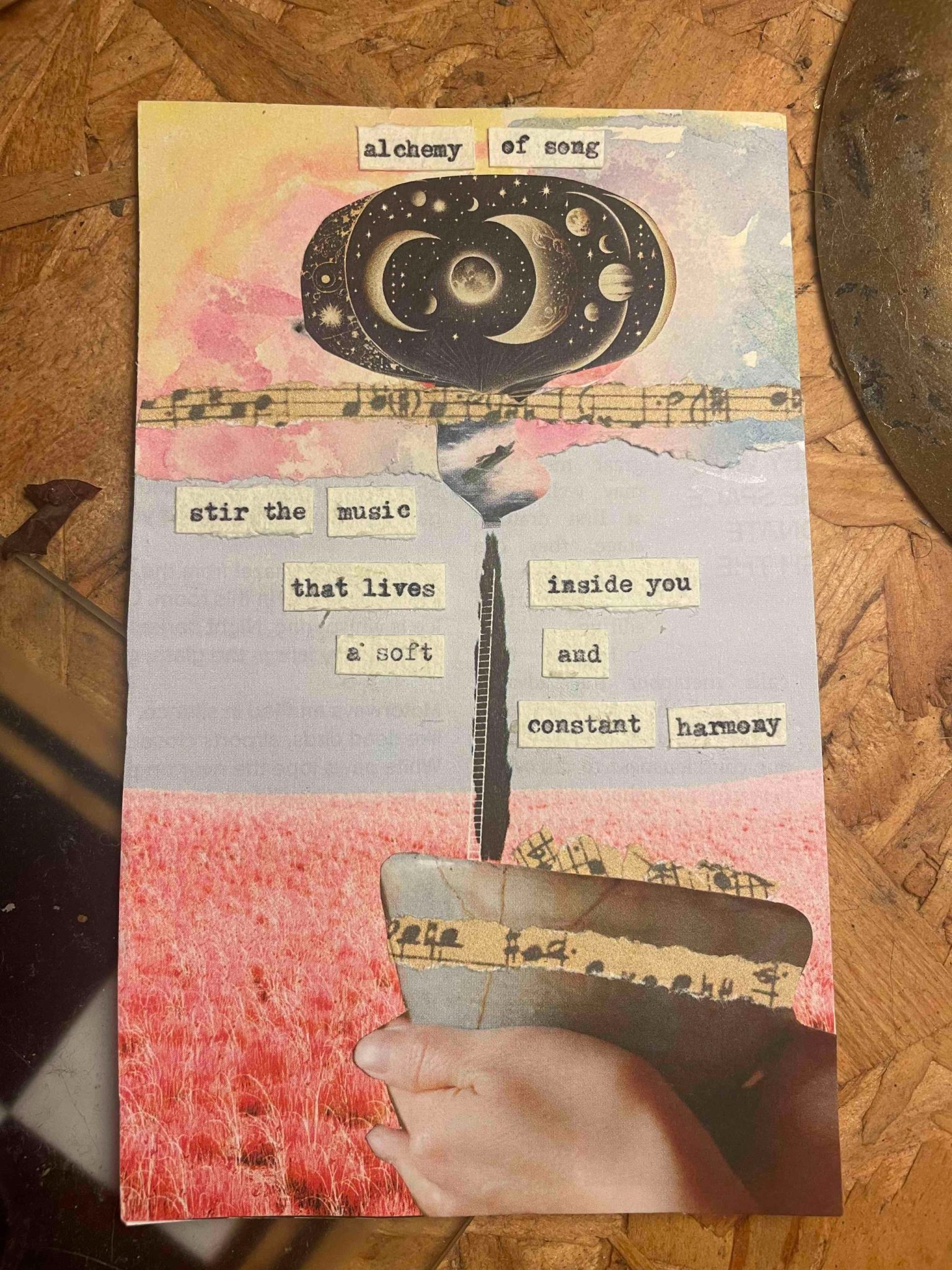 a collage with musical notes and a typewritten poem