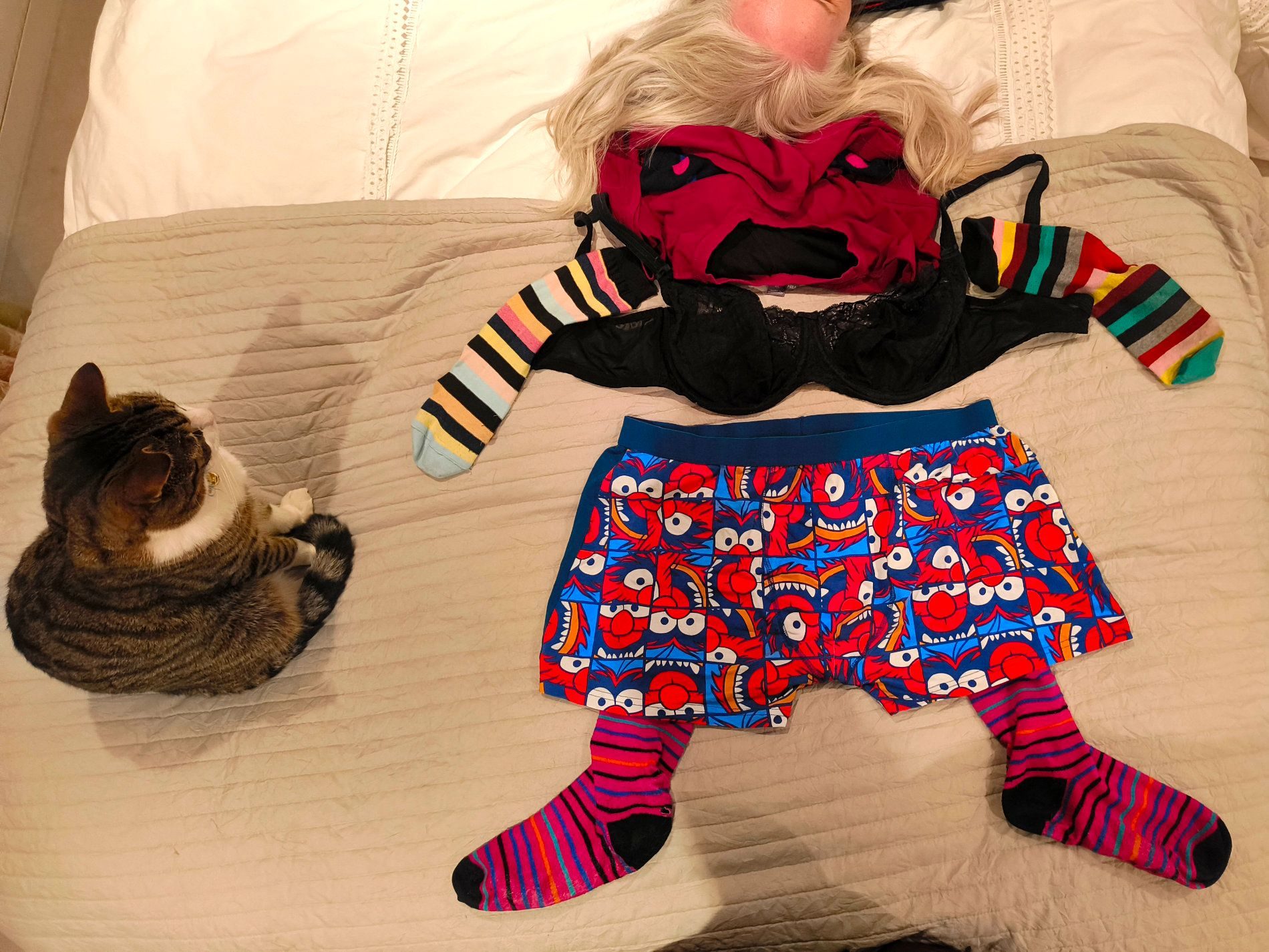 A collage made of clothes, depicting an angry person