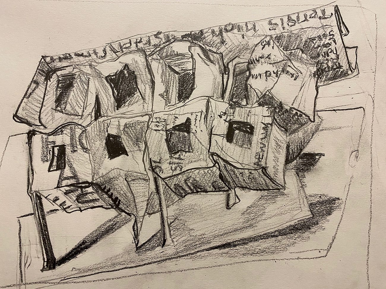 pencil drawing from newspaper sculpture - cuboids with windows cut on one side balancing precariously in rows