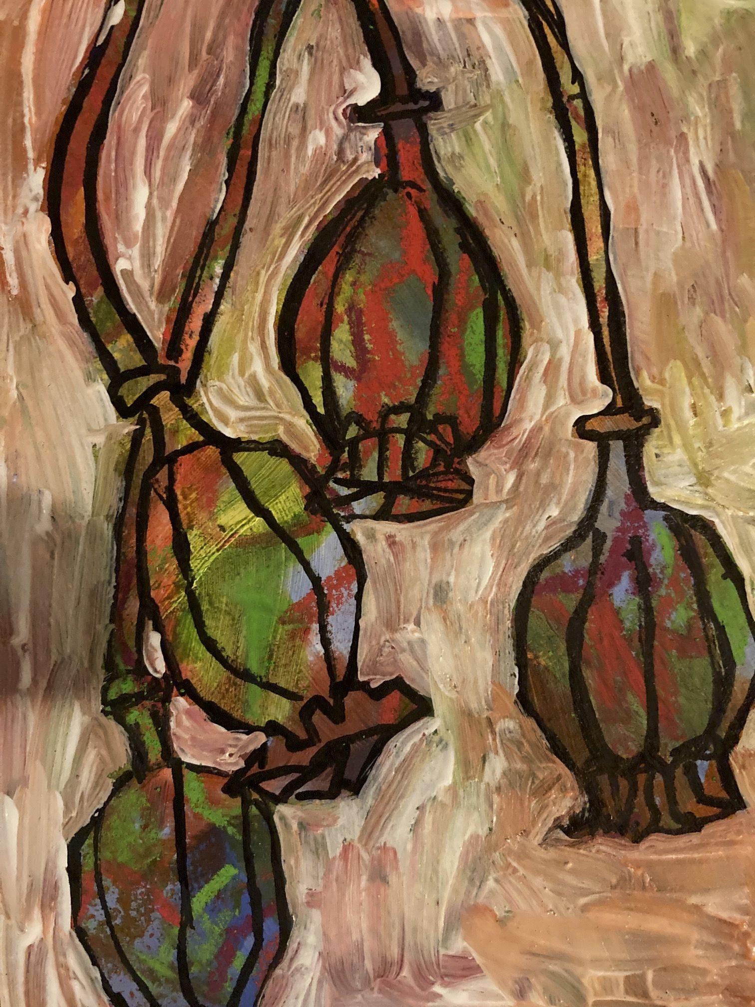 Poppy seed heads outlined in black on random coloured background, then the background gesso'd out