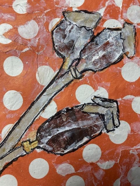 Collage of poppy pods with a touch of watercolour paint and black pen