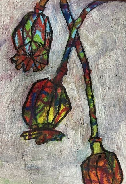 Poppy heads on multicoloured ground with background gesso'd out in white