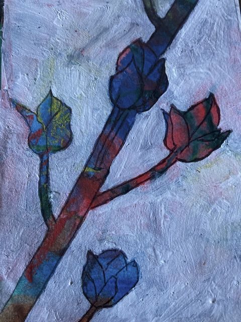 Dried bluebell pods on collage paper, background blocked out with gesso