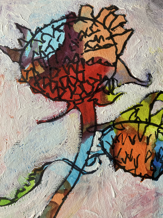 Dried sunflowers drawn with black on multicoloured base (watercolour) with the background blocked in with white gesso