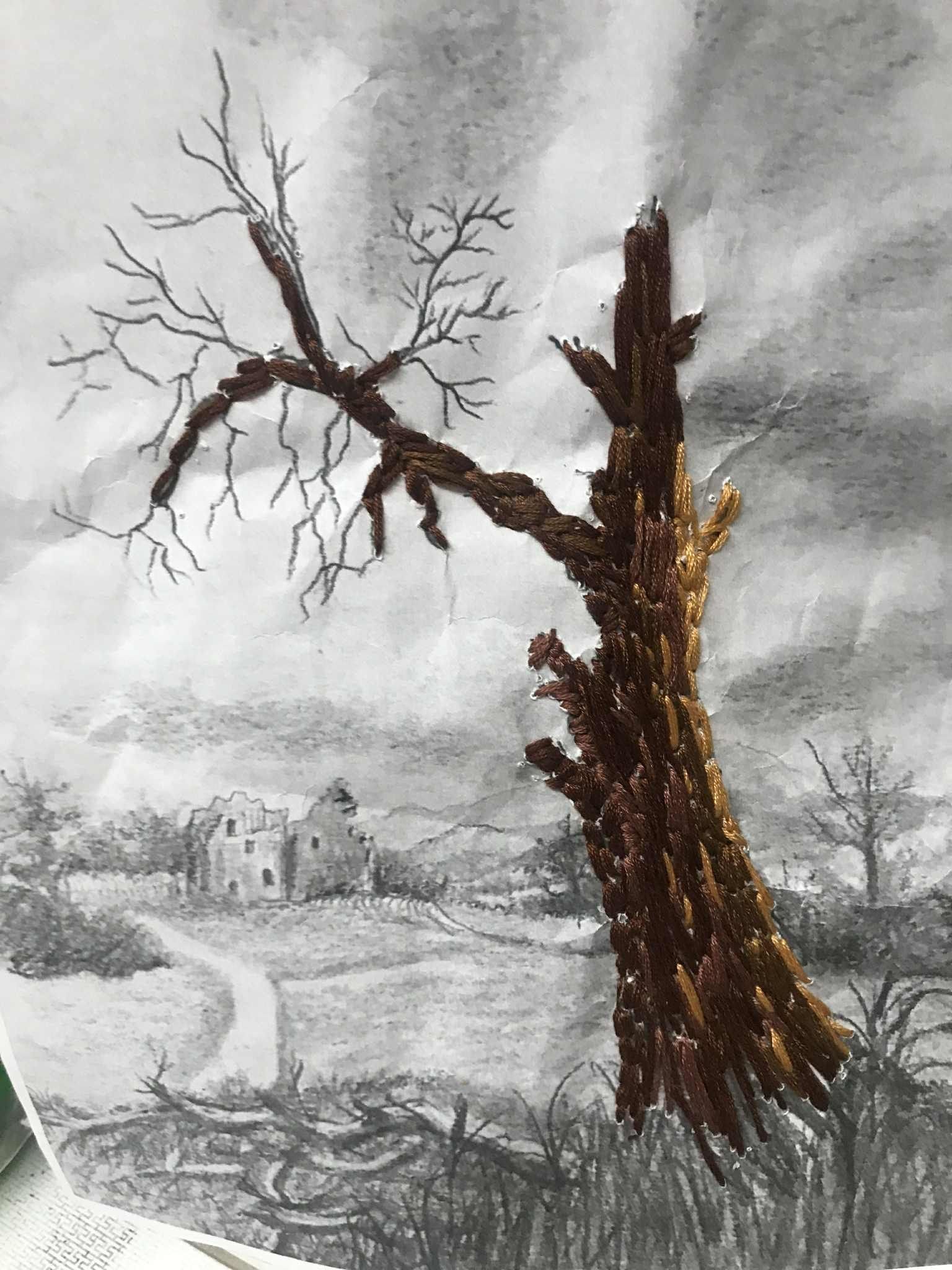 Pencil sketch done in picturesque style with foreground tree embroidered with loose stitches for effect