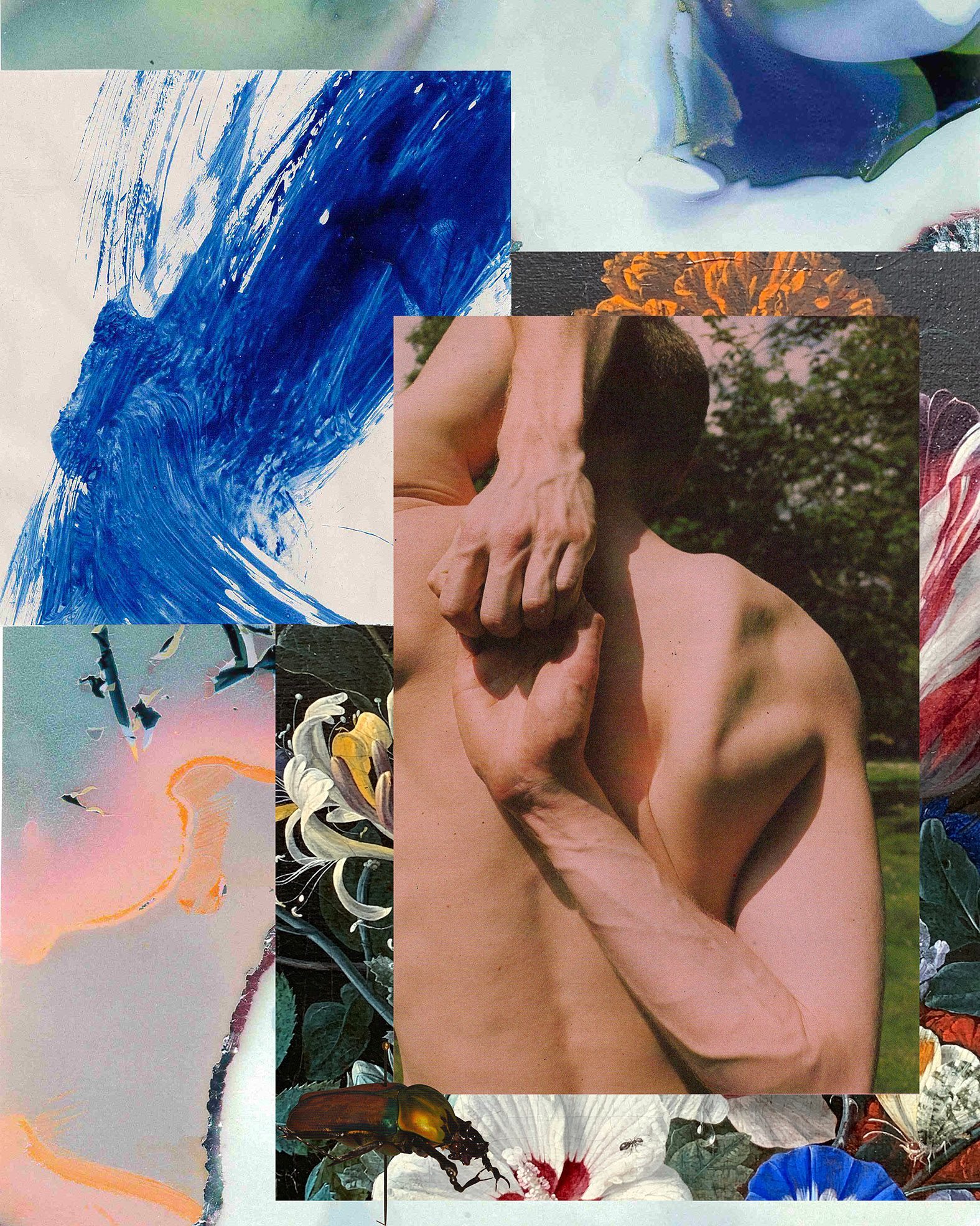 Digital collage of a man reaching for his hands over his back