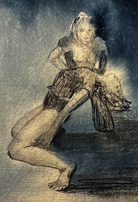 Water soluble graphite pencil drawing with water colour wash on handmade paper 300gsm