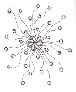 Black and white ink drawing of an imaginary flower on paper