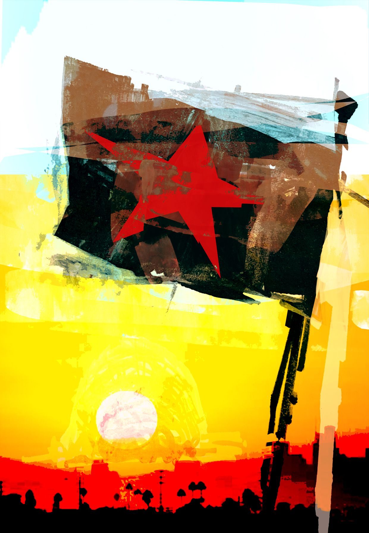 a graphic image of a black falg with red star over a risig sun in Los Angeles