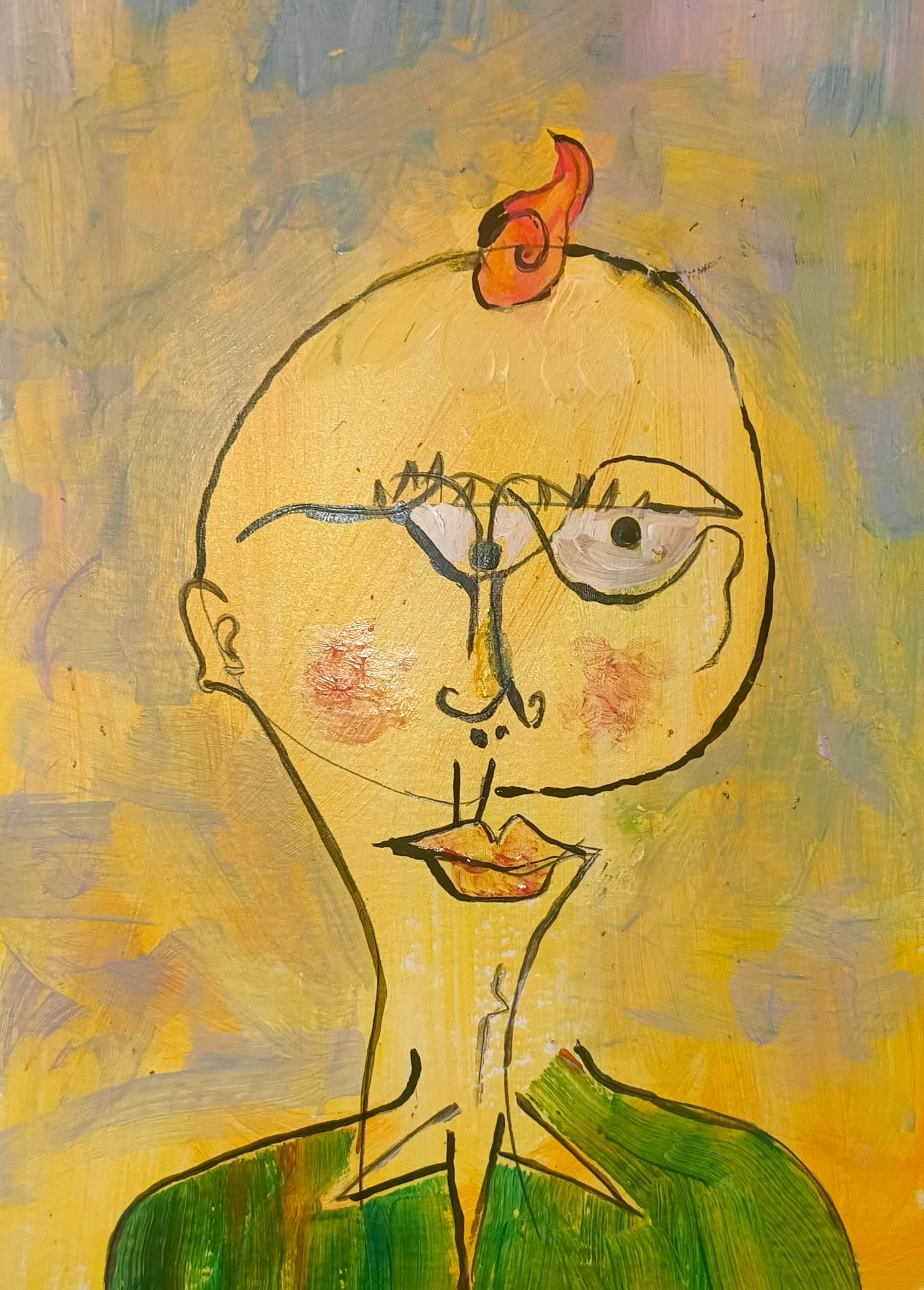 A blindfold drawing, colourised by painting, of a man with a lightbulb-shaped head