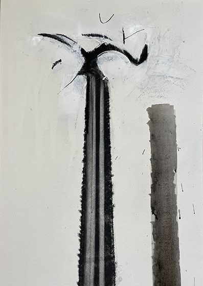 A drawing of a tower topped by the shapes birds make in the air