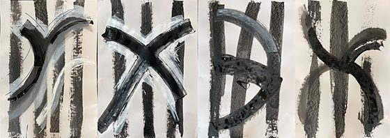 set of four black and white drawings reflecting the shapes made by birds in the air