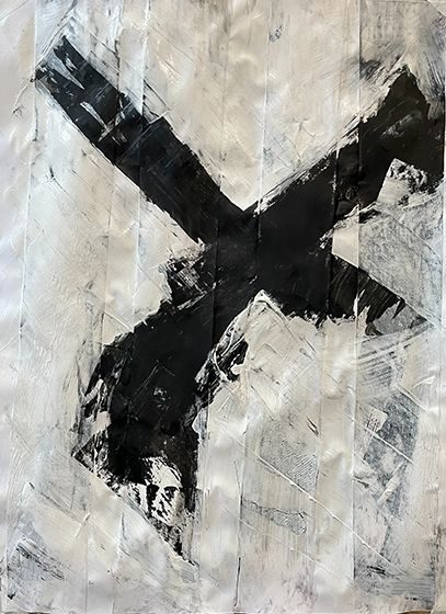 A drawing of a distorted cross shape representing the movement of birds through the air