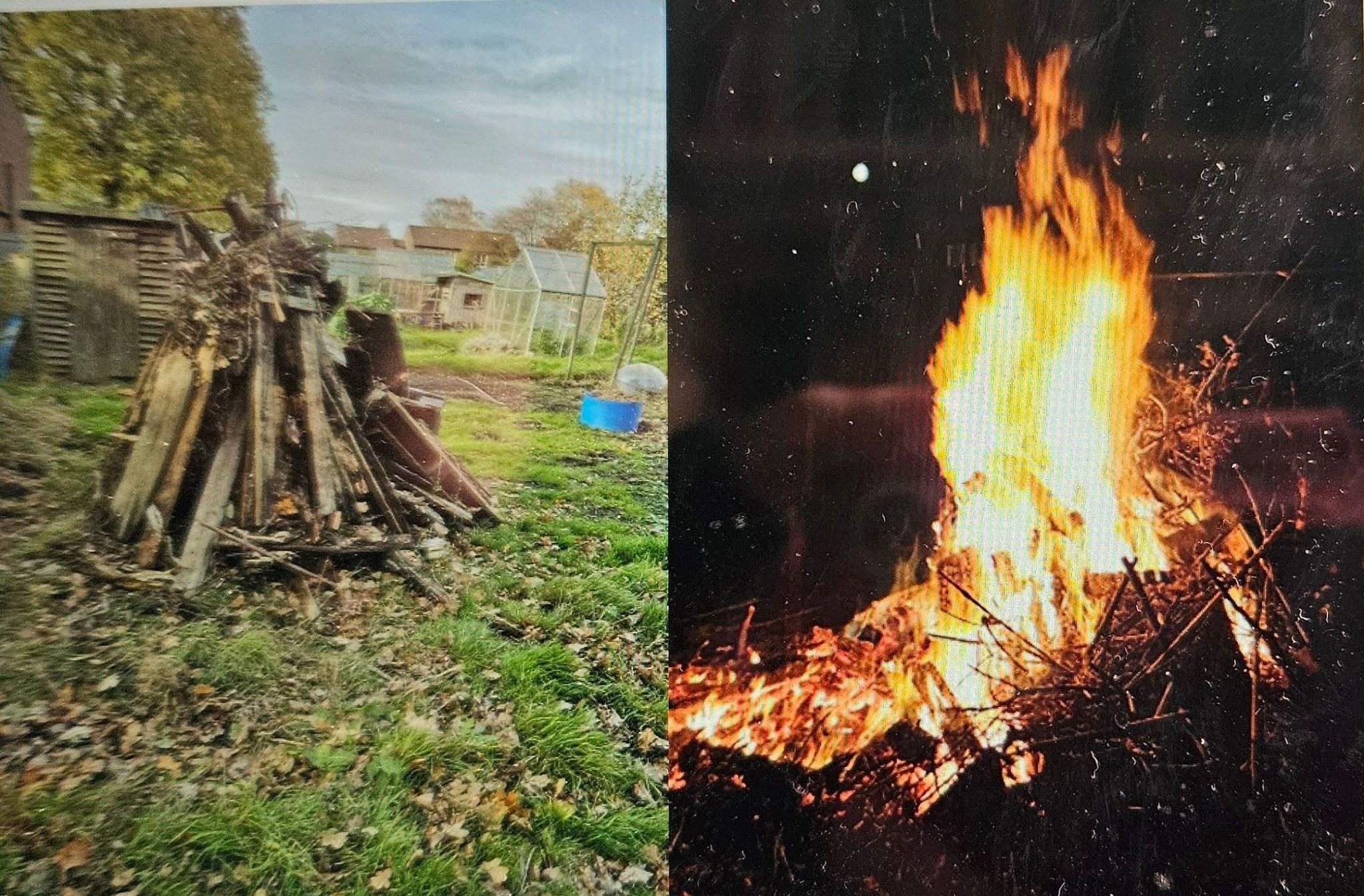Photograph of an allotment bonfire before and whilst its burning at night