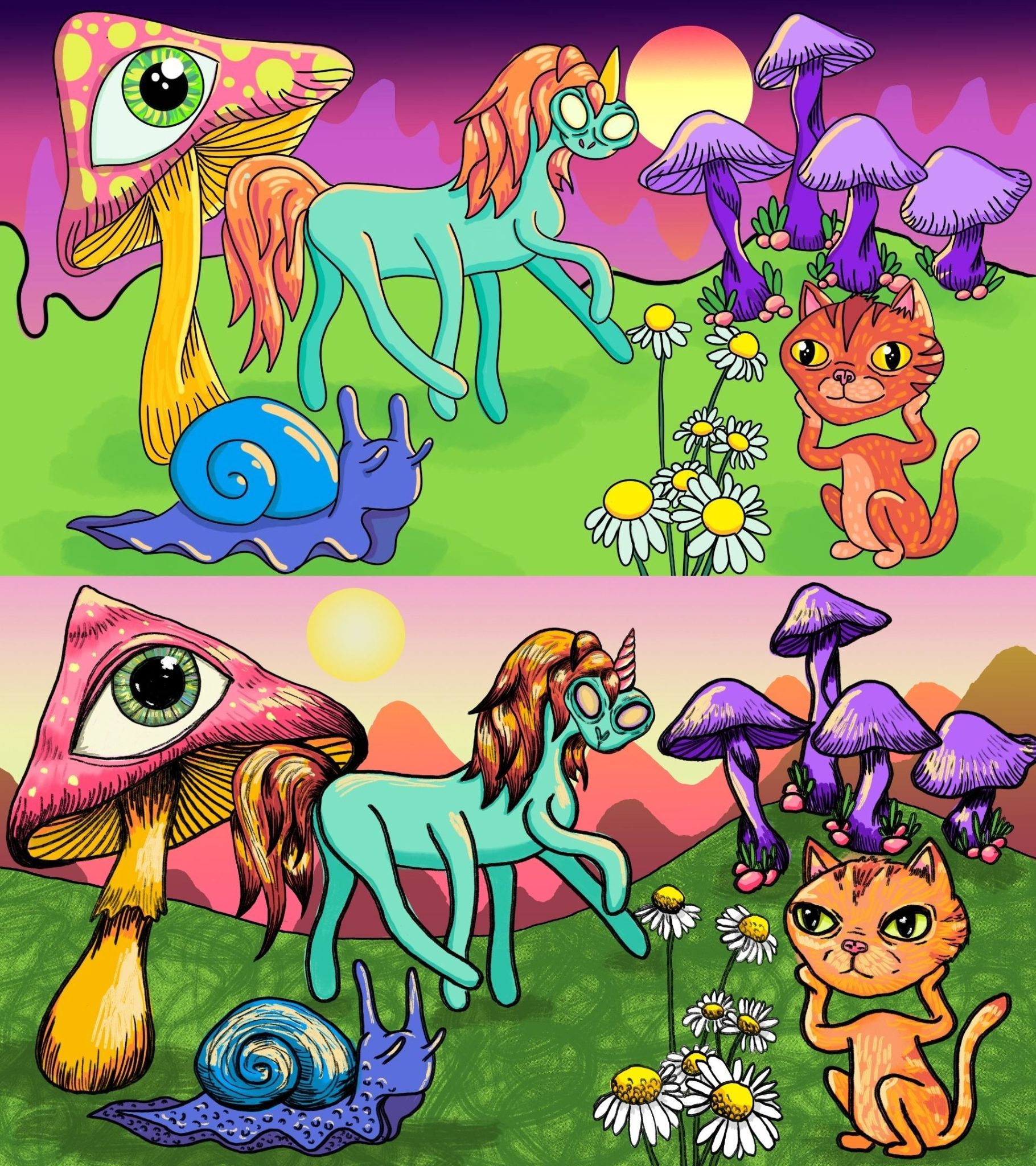 2 copies, top old, bottom new and more detailed with more vivd colours and variety of lines and textures. both images are of the same thing, a snail, some mushrooms (one of which has an eye) a 6 legged unicorn, a cat holding it's head up and the sun.