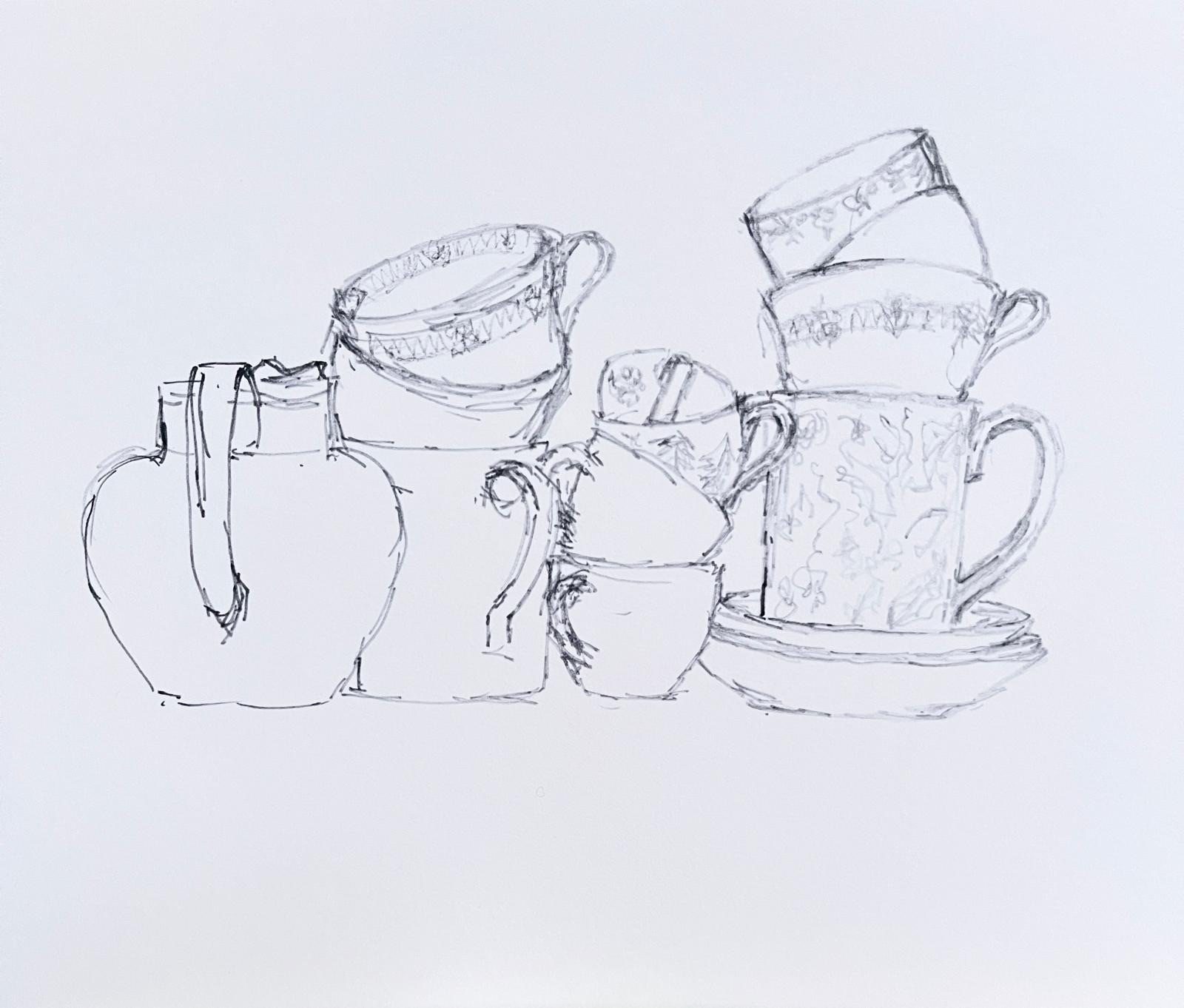 Felt tip pen drawing of crockery