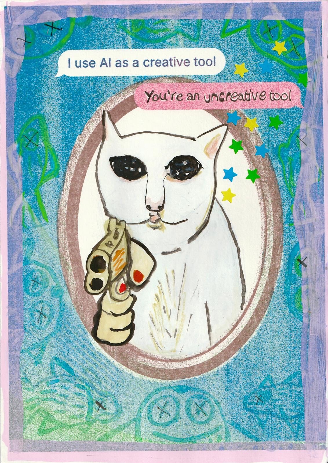 A horrifying painting of the meme with a cat holding a gun in a human hand. There is a windows background destroyed with images of dead fish. In iphone style text reads “I use AI as a creative tool” “You’re an uncreative tool”