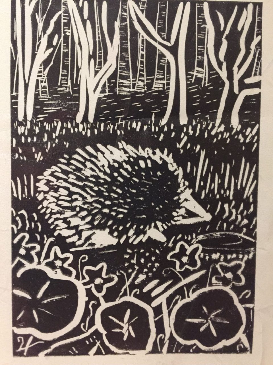 Hedgehog monochrome linocut