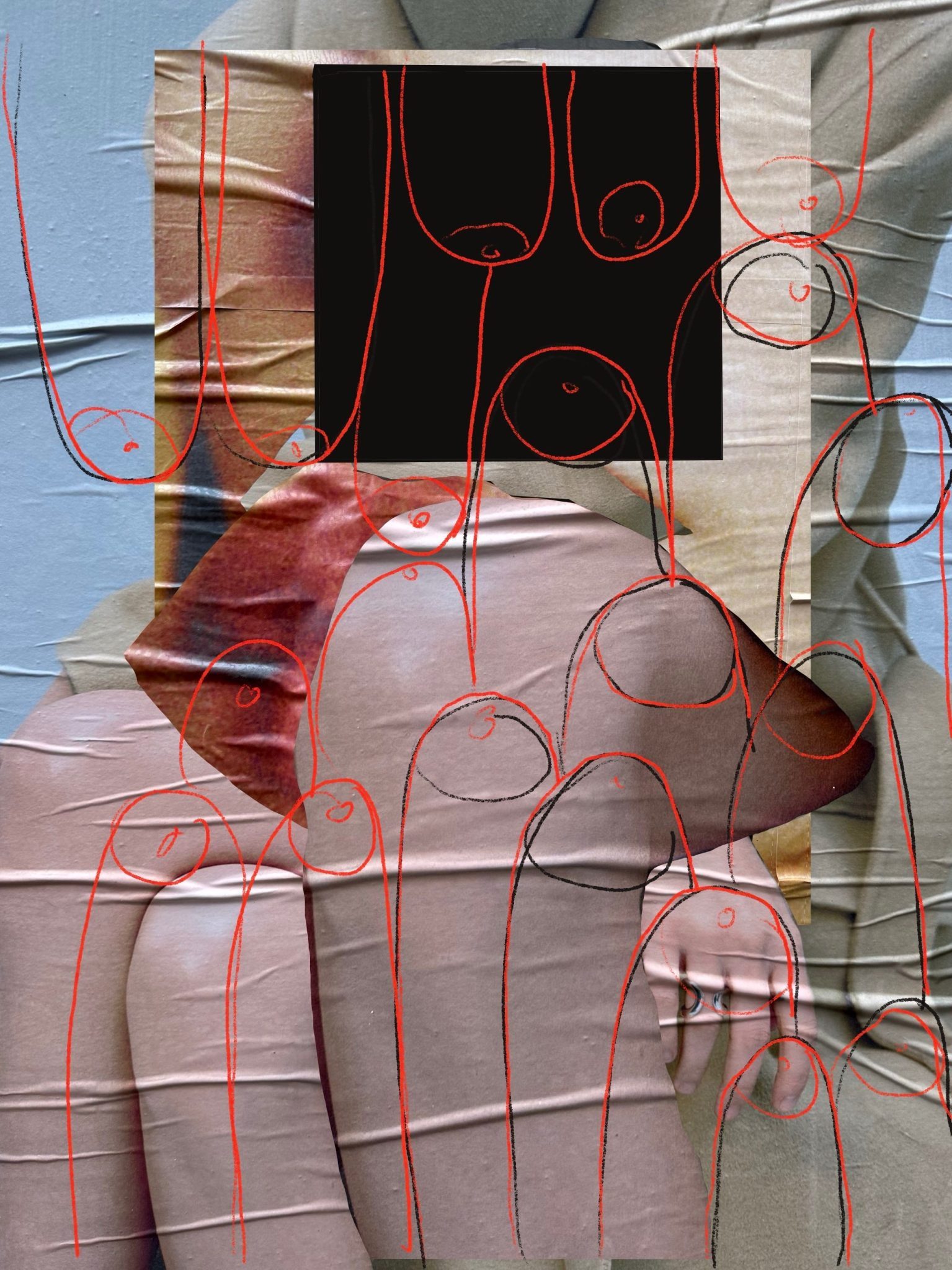 Abstract analogue/digital collage with digital hand drawing