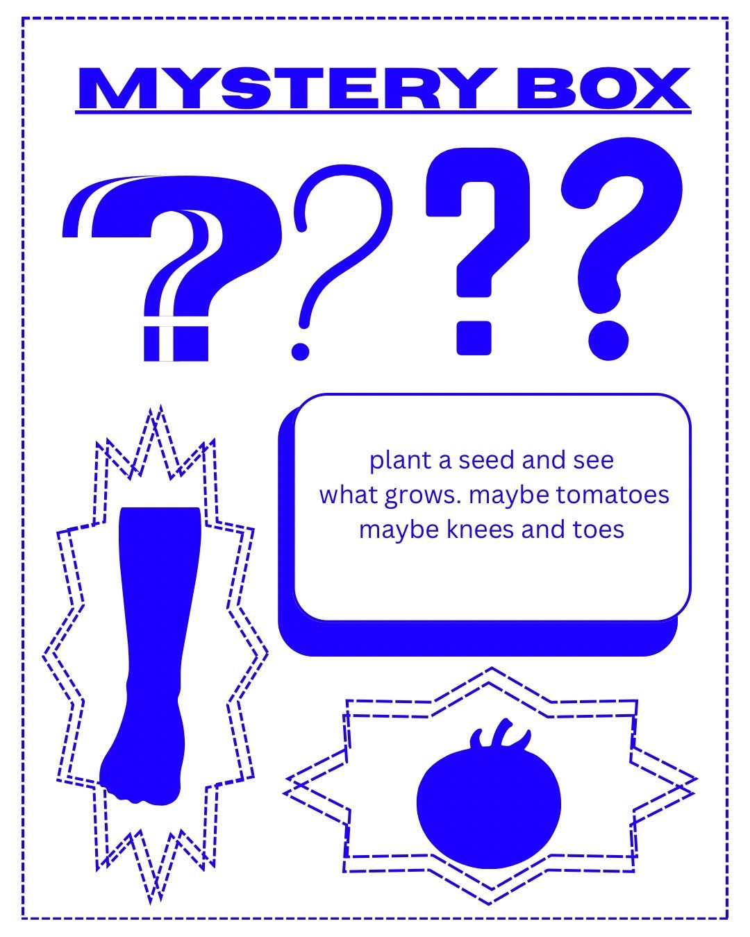 A box that says ‘mystery box’, underneath four question marks in different fonts and below that a box that says: plant a seed and see what grows. Maybe tomatoes maybe knees and toes. On the left of the box a star shape with a lower leg shape and under the box a star shape with a tomato shape.
