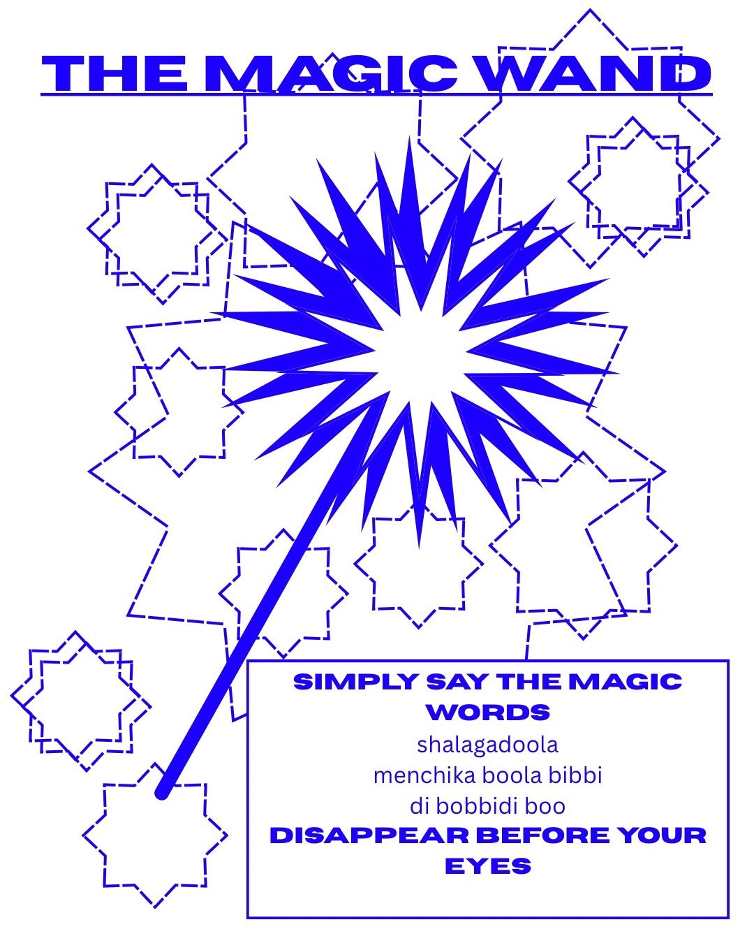 On top the title: THE MAGIC WAND. Below several star shapes and a shape that resembles a fairy magic wand with a star shape on the top. Below the text: SIMPLY SAY THE MAGIC WORDS shalagadoola menchika boola bibbi di bobbidi boo DISAPPEAR BEFORE YOUR EYES