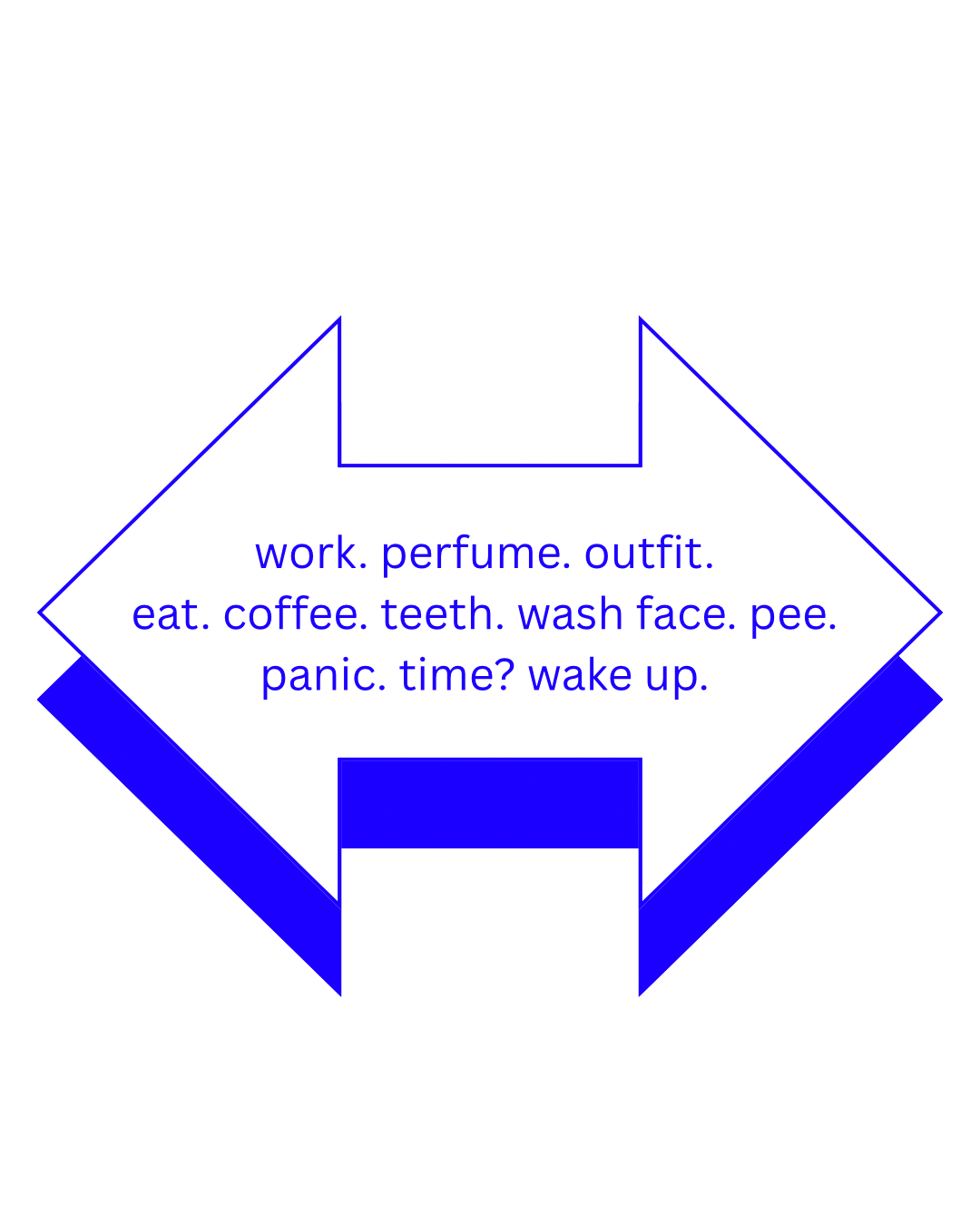 An arrow point both left and right with the text: work. perfume. outfit.  eat. coffee. teeth. wash face. pee.  panic. time? wake up.