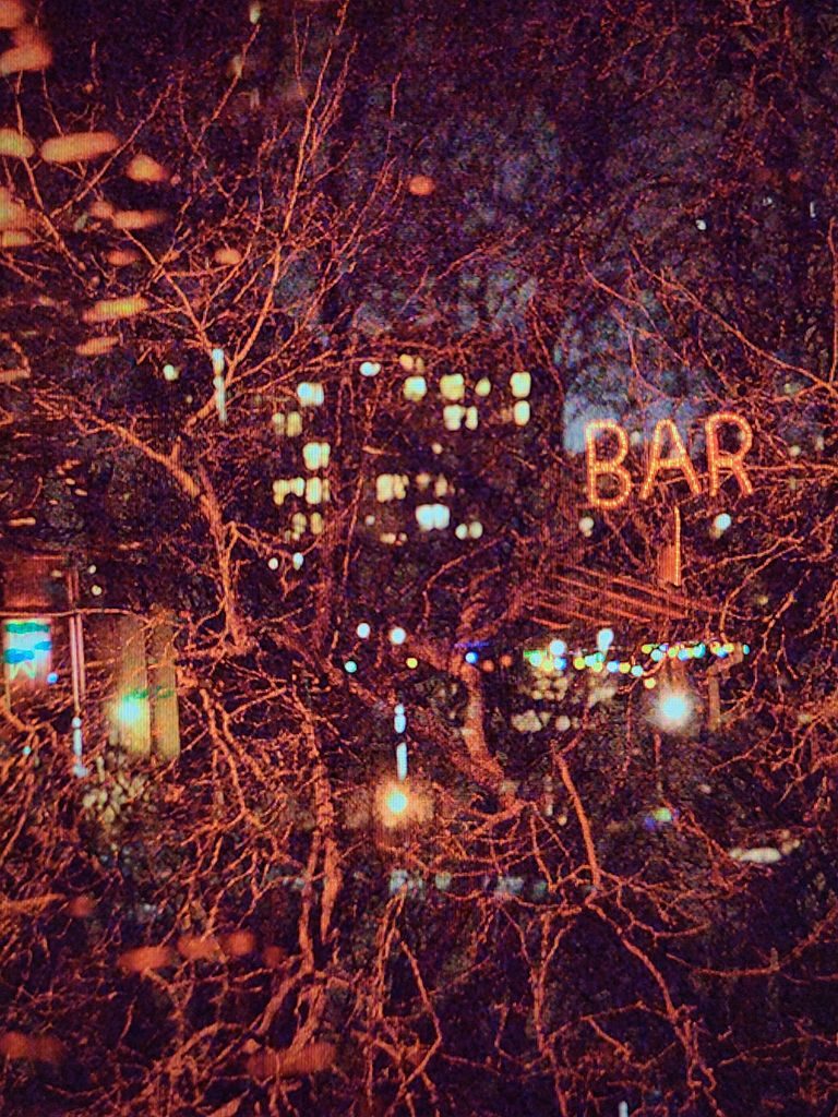 brightly coloured photo collage of city sights, red lights, branches, and buildings