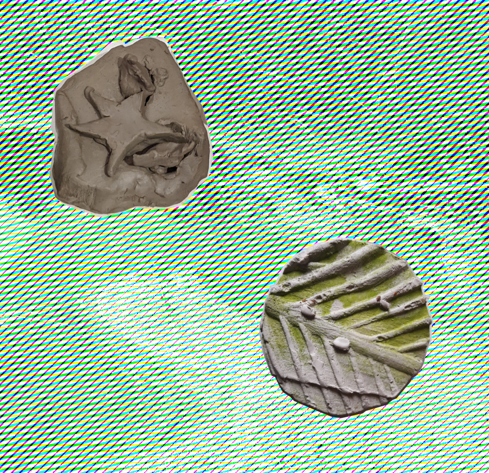 Digital collage of 2 clay objects against a pixelated pond