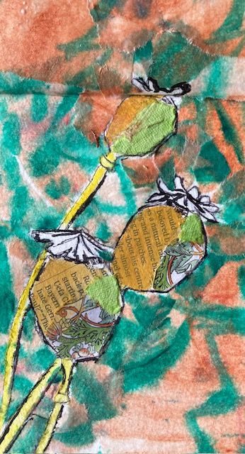 Poppy pods in black ink, collage and acrylic paint