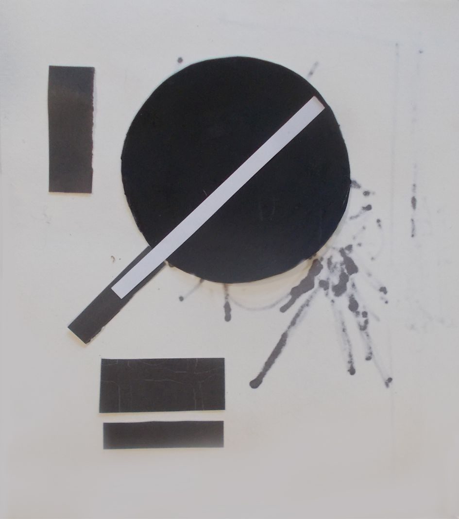 geometric rectangles and circle in black, plus one white thin strip placed on white paper