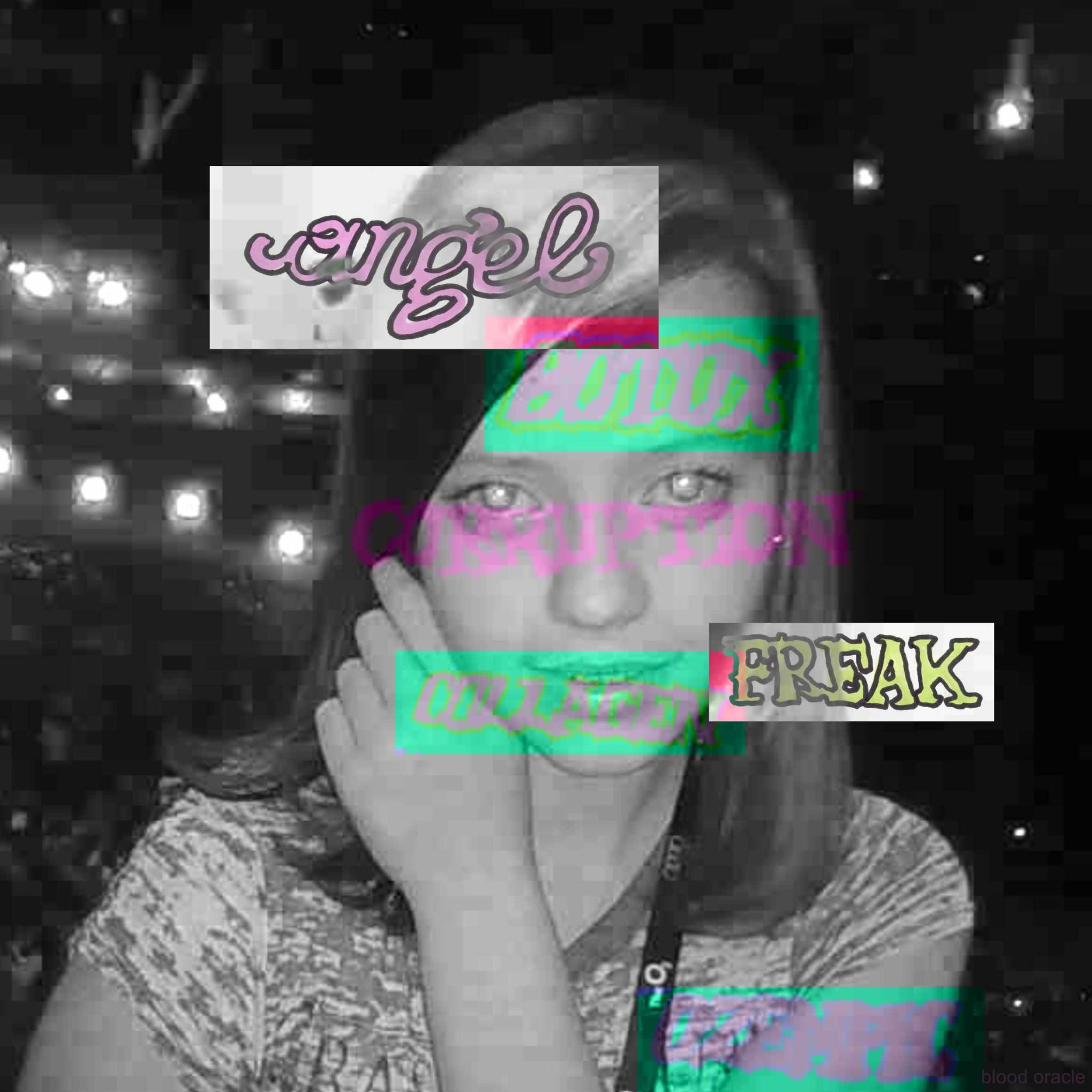 digital collage of a young teenager in black and white with coloured words overlaid on it creating a commentary on the beauty industry