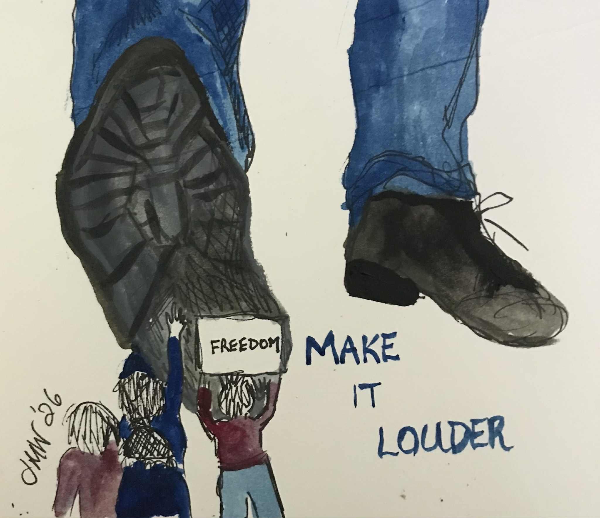 protest being trampled by giant foot