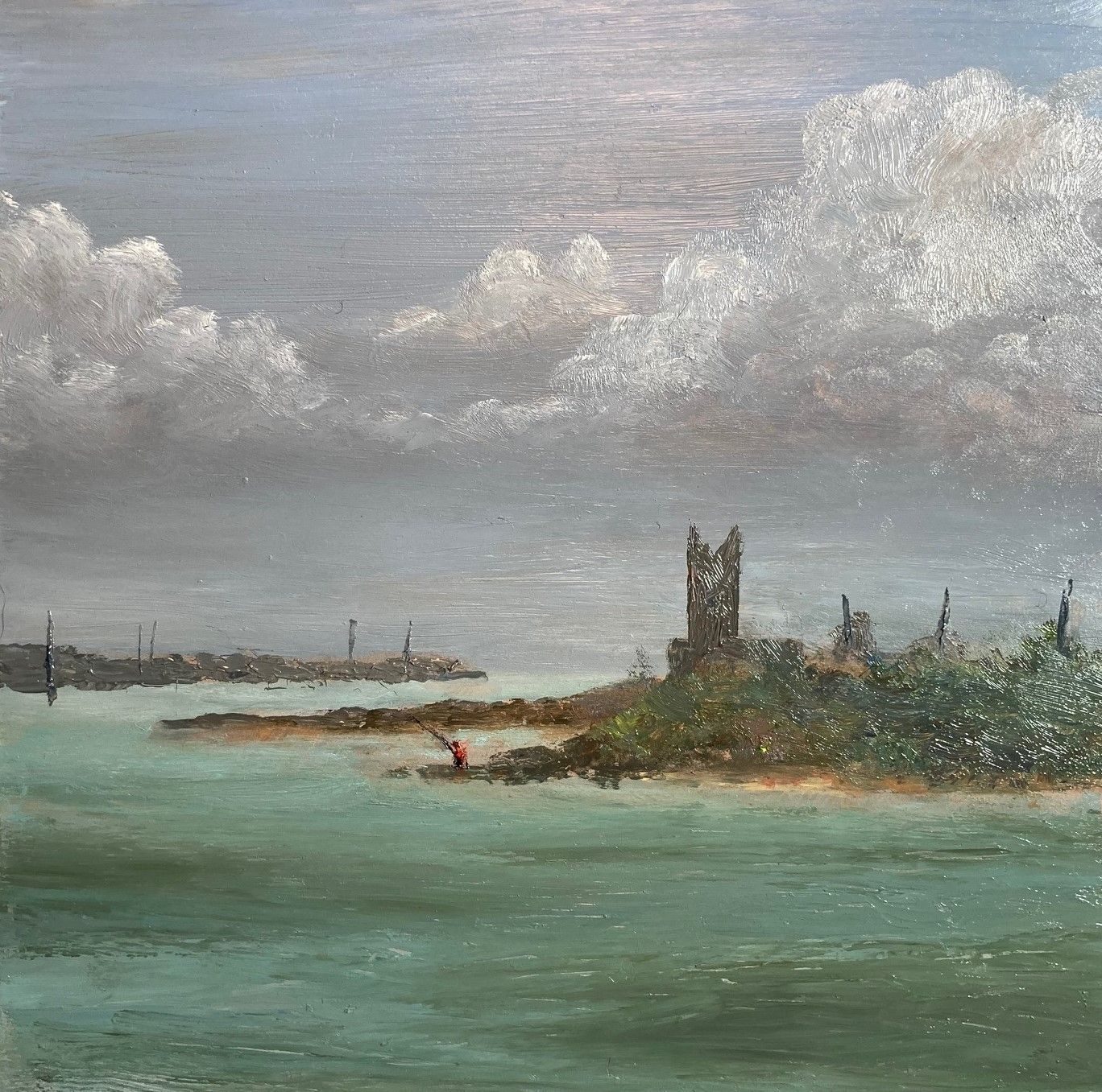 A view of the Boyne Estuary in oil paint on board, 20cm x 20cm