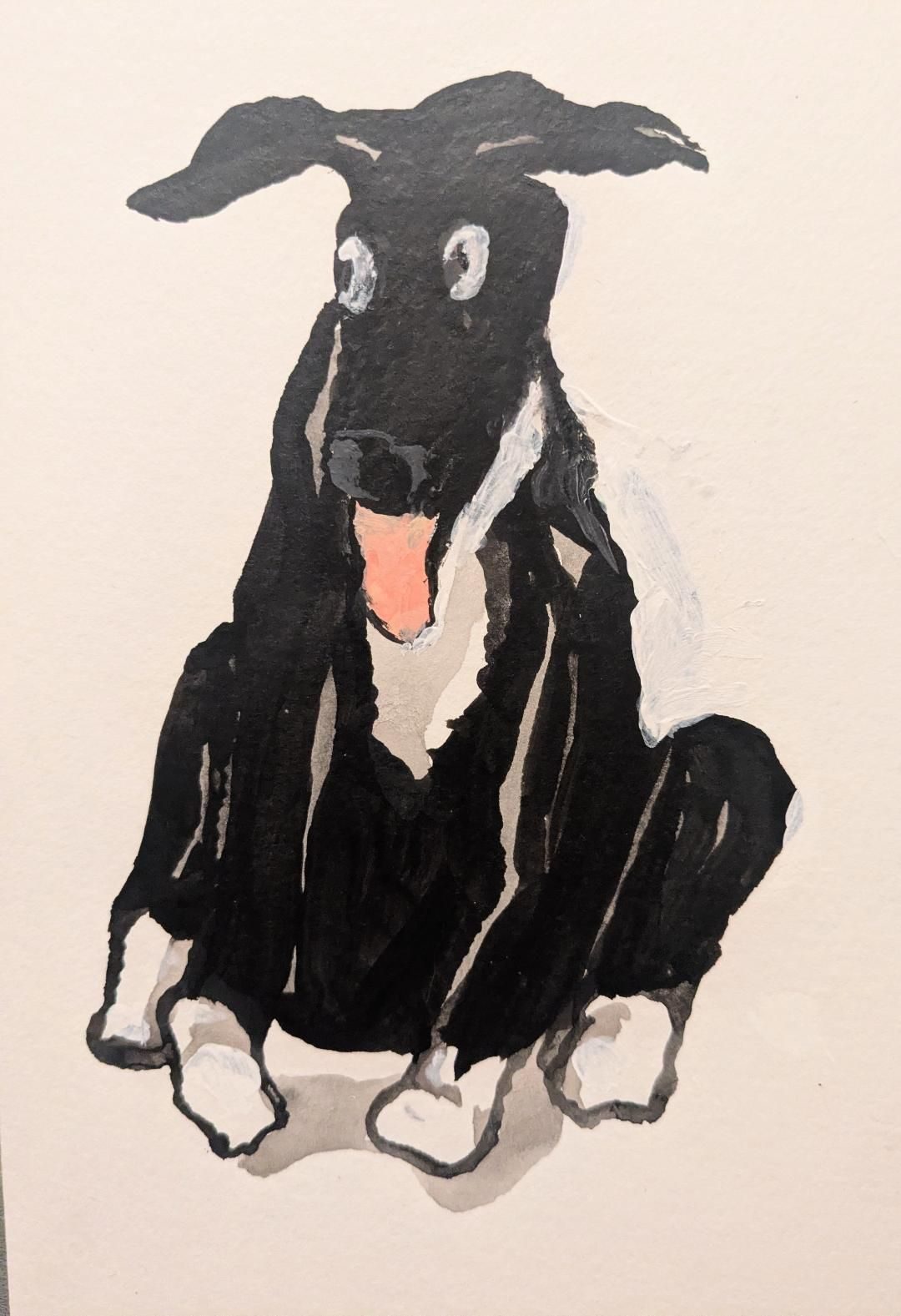 Acrylic painting of black and white high-glazed ceramic dog