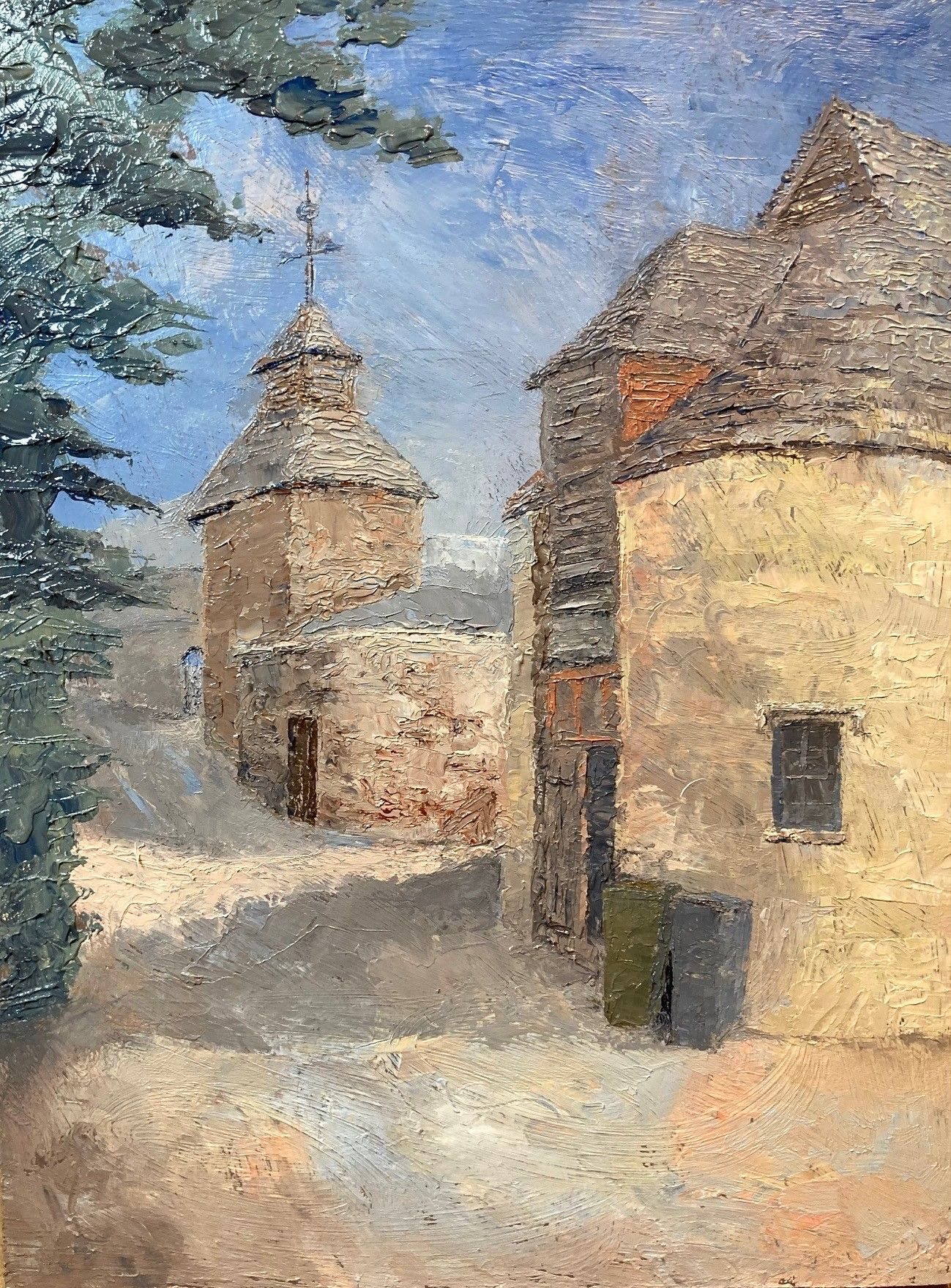 Oil on board, 20cm x 265cm. View of one of the backstreets of Broadway in the Cotwolds