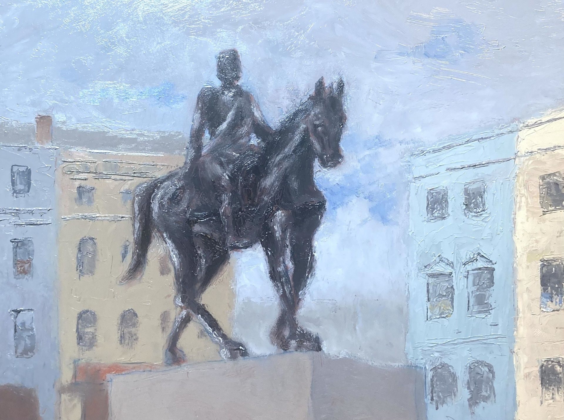 Oil painting on board, 20cm x 25cm. The statue in Queens Square, Wolverhampton - a man on a horse.