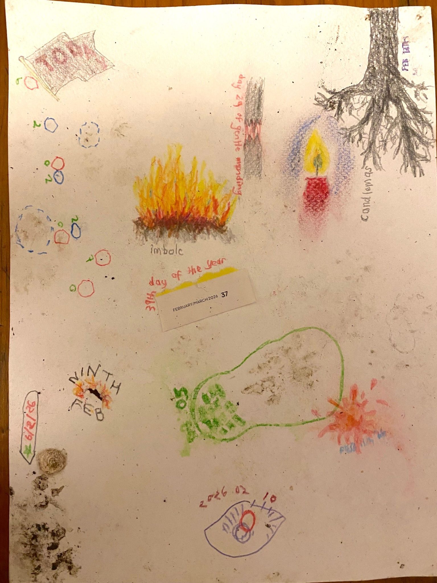 The same drawing as yesterday. From the top right hand corner, a tree grows upside down, crossing through some of the muddy marks, its branches encroaching on the blue around the candle flame. The tree is bare, drawn in dark grey-black pencil. Along the right side of the trunk the words 