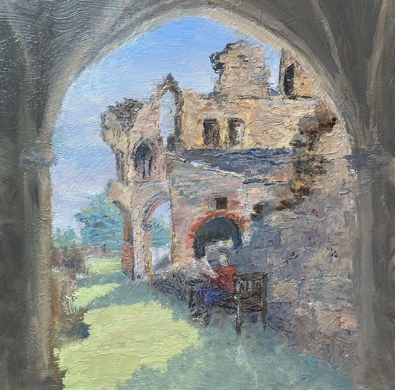 Oil painting on board, 20cm x 20cm. It shows a view of Wenlock Abbey ruins in Shropshire.or.