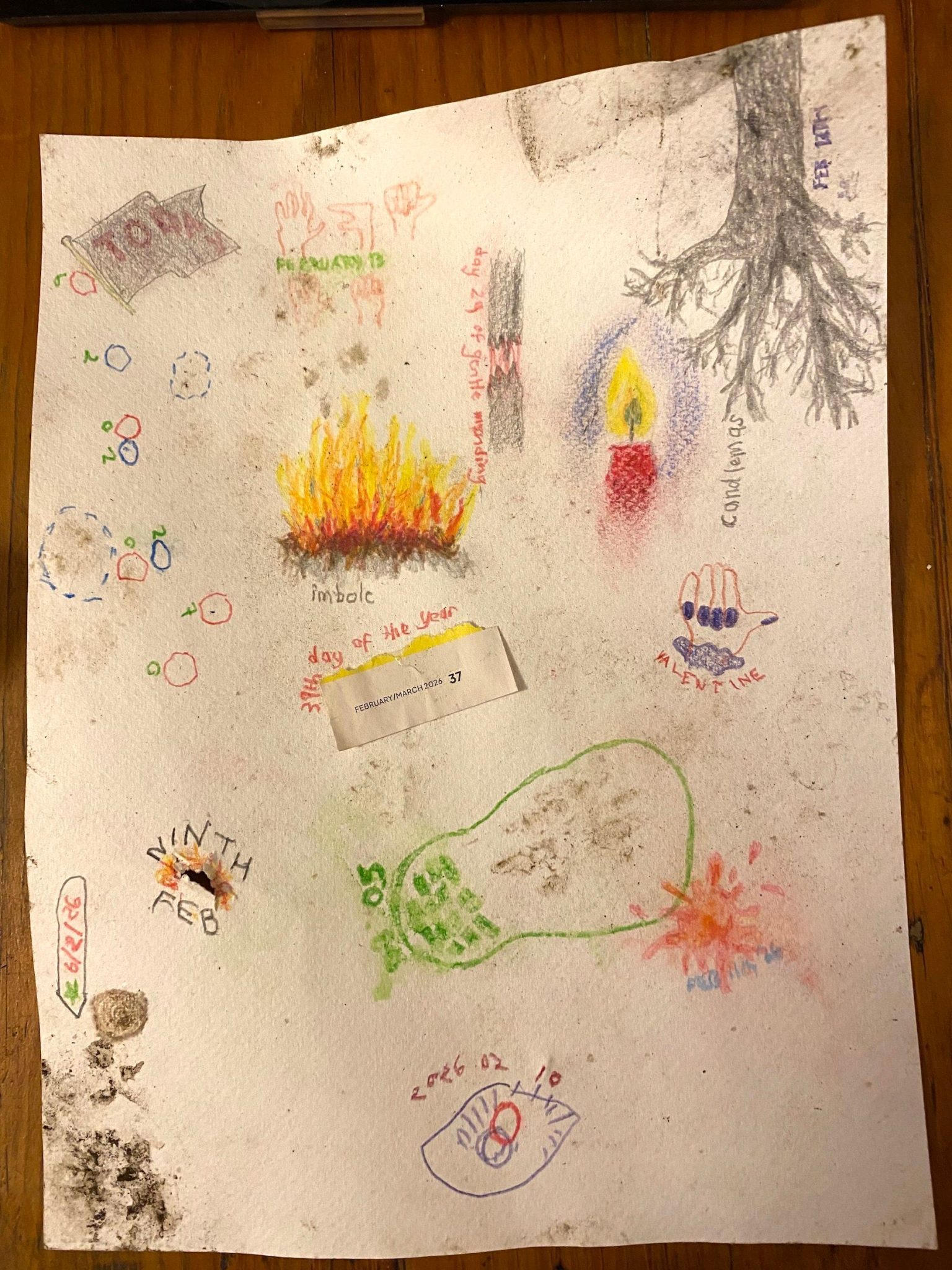 The same drawing as yesterday. The hands from yesterday are faded and indistinct; the paper is quite buckled. Beneath the tree and the candle is a larger version of the hand with fingers folded down to the palm. There is purple nail varnish on the nails, and a frilled purple cuff around teh wrist. The word 