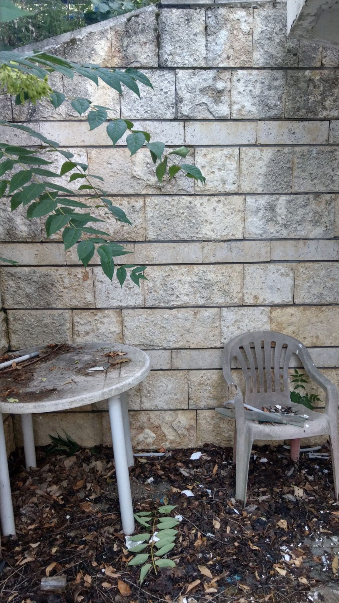 a photograph showing old outdoor plastic furniture, a table on the left and a chair on the right, both dusty and covered in debris. lots of fallen leaves and dirt covering the ground